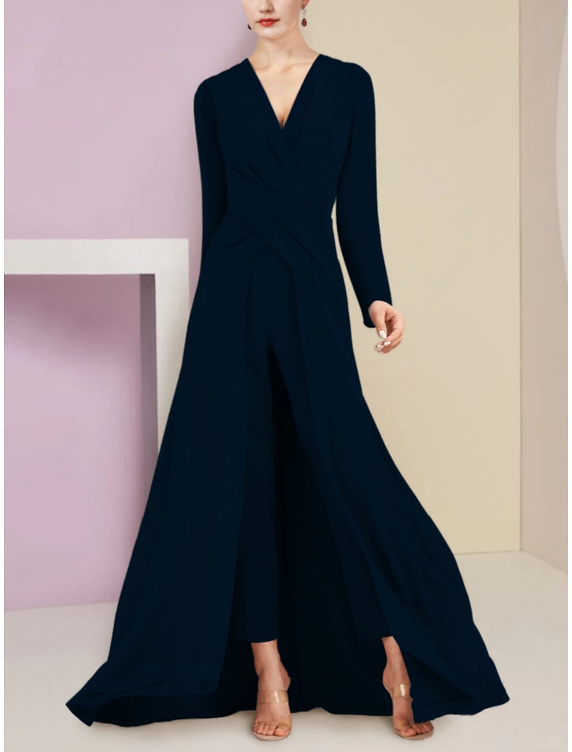 Vestido de dos piezas de corte A para madre de la novia, elegante para invitada de boda, fiesta, escote en V, cola larga, gasa elástica con fruncido, color liso